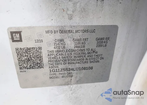 2020 Chevrolet Impala Fwd Lt z USA, uszkodzony, nr VIN 1G11Z5S34LU108108